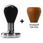 Abbildung eines "Espresso Gear" Tampers der Baureihe "Barista" in schwarz plus einem Tampergriff der gleichen Baureihe in Holz